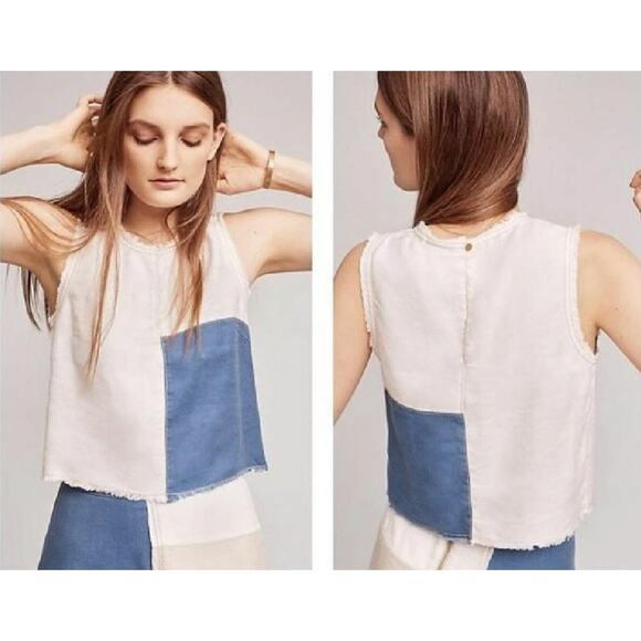 Anthropologie Tops - Anthro Holding Horses Linen Patchwork Sleeveless Top Raw Hem Boho Cottagecore